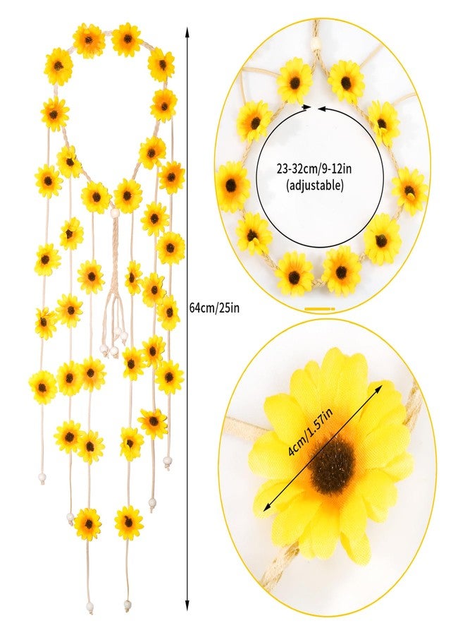 Sucrain 1pcs Flower Hippie Headband Floral Crown Summer Sunflower Hair Accessories for 70 s Bohemian Costumes Style for Women(Yellow) - Image 3